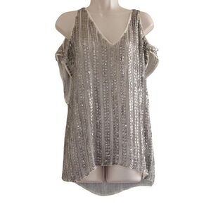 Parker Cold Shoulder Sequin Bohemian Embellished Silver Top Size Small